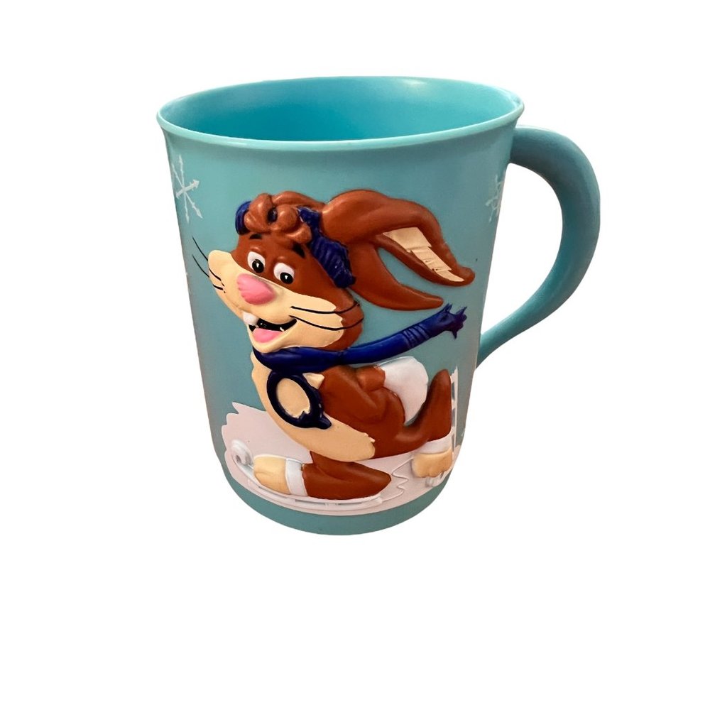 Vintage Nestle Quik 3D Skating Bunny Rabbit Blue Plastic Chocolate Kid's Mug Cup
